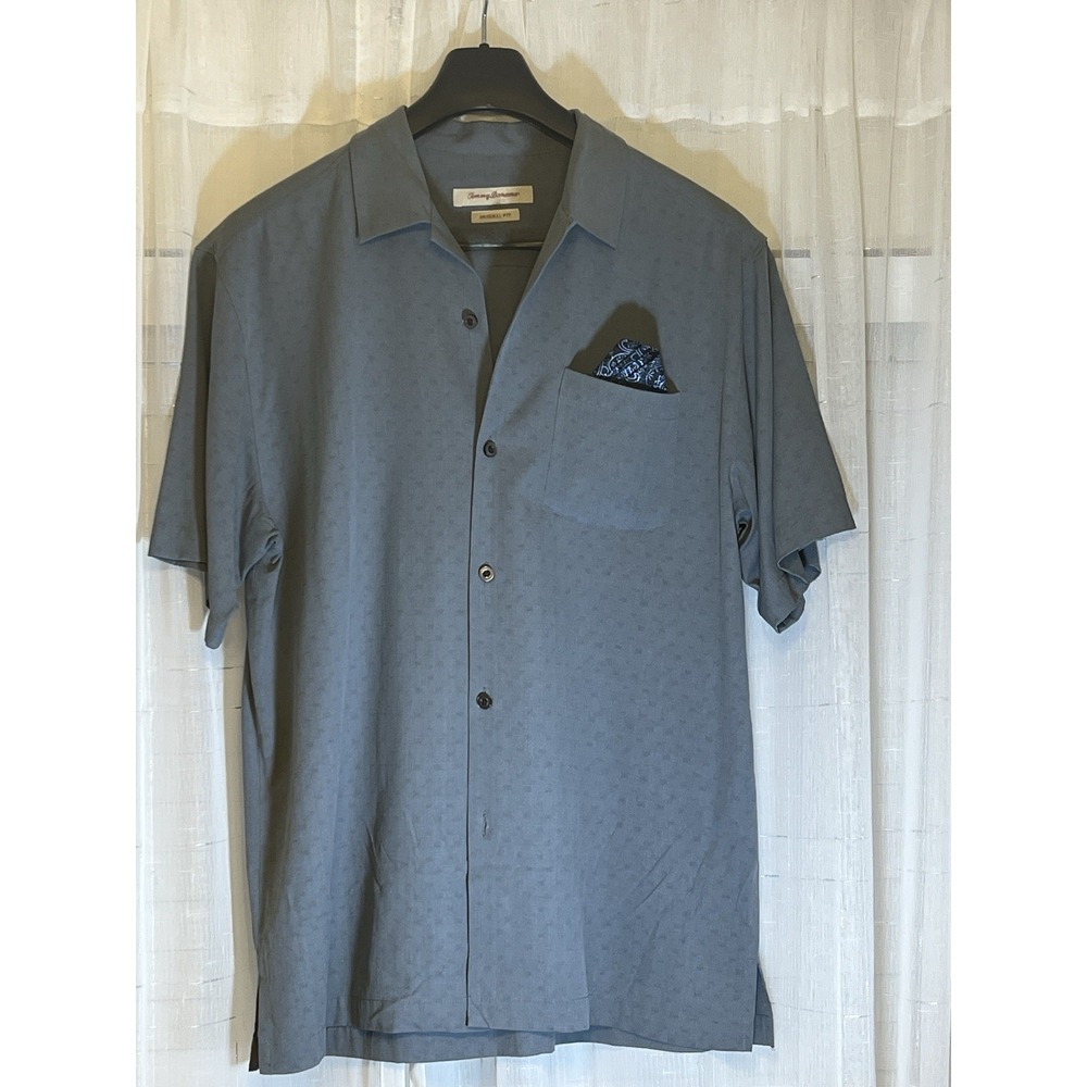 Tommy Bahama 100% Silk Hawaiian Grey Shirt Men's Size Large EUC